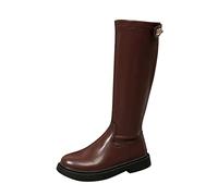 Knee-High Platform Boots, Black Leather Look, Chunky Sole Ladies British Solid Color Round Head Flat Bottomed Fashion Long Boots Short Wellies Women (Brown, 4.5)