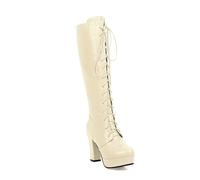 Knee High Platform Boots for Women Thick Heel Lace Up Tall Boots Patent Leather Zipper Dress Boot for Dance and Clubwear