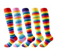 Knee High Rainbow Striped Socks Seamless Toe Unisex Colourful Long Socks Casual Bright Stripy Knee High Length Sockings (5 Pcs)