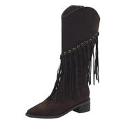Knee-High Western Boots for Women, Boots Women's Heel Fringe Boots Cowboy Boots with Block Heel Long Shaft Boots Suede Traditional Boots Soft Soles Transition Boots Half Boots, brown, 2/2.5 UK