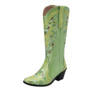 Knee High Western Boots for Women, Cowboy Boots with Block Heel, Pointed Toe Print, Women's Leather Boots, Sleeves, Fashion Boots, High Heel Shoes, Large Size Boots, Green, 11.5 UK