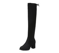 Knee-high women's boots with chunky sole, heel for cold winter days, warm lined flock boots up to the middle of the calf, long durable shoes in trendy chunky design, perfect fit for, black, 9 UK