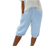 Knee Length Shorts for Women Solid Plain Casual Shorts with Pockets Ladies Summer Comfy Lounge Cropped Trousers Womens Elastic Waist Turned Hem Drawstring