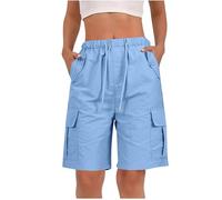 Knee Length Shorts Women Ladies Bermuda Shorts Baggy Short Cargo Pants with Multiple Pockets Summer Drawstring Elasticated Waist Half Pants for Outdoor Hiking Work Travel Golf Blue