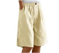 Knee Length Shorts Women Loose Wide Leg Cotton Linen Shorts Ladies Elastic Waist Casaul Plain Long Comfy Summer Bermuda Cargo Work with Pockets