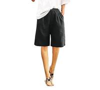 Knee Length Shorts Women Loose Wide Leg Cotton Linen Shorts Ladies Elastic Waist Casaul Plain Long Comfy Summer Bermuda Cargo Work with Pockets