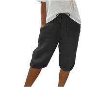Knee Length Shorts Women UK Solid Color Cotton Linen Shorts Elasticated Waist Beach Bermuda Short Loose Casual Drawstring Capri Pants Comfy Short Lounge Pants Pockets Size 10-18
