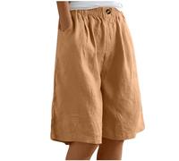 Knee Length Shorts Women UK Warehouse Clearance Solid Color Cotton Linen Shorts Summer Baggy Cropped Trousers Elasticated Waist Loose Lounge Pants Comfy Casual Half Pants with Pockets 8-18 Yellow
