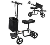 Knee Scooter Foldable Knee Walker for Foot, Ankle and Lower Leg Recovery, Crutch Alternative with Dual Braking System, Detachable Canvas Bag, Carbon Steel Frame Black