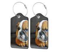 Kneeling English Bulldog,Luggage Tags Pu Leather Name Tag Travel Suitcase Identifier ID Tags Durable Luggage Label 2 pcs
