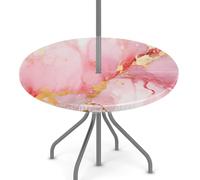 KNEMI Outdoor Round Tablecloth with Parasol Hole, Colorful Marble Patio Table Cover Circle Fitted Tablecloth Waterproof Umbrella Table Cover for Party Picnic,Fit for 45"-56" Round Tables
