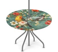 KNEMI Outdoor Round Tablecloth with Umbrella Hole, Birds Flowers Patio Table Cover Fitted Tablecloth Waterproof Umbrella Table Cover for Party Picnic,Fit for 45"-56" Round Tables