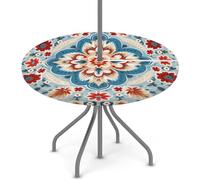 KNEMI Outdoor Round Tablecloth with Umbrella Hole, Boho Mandala Patio Table Cover Fitted Tablecloth Waterproof Umbrella Table Cover for Party Picnic,Fit for 45"-56" Round Tables