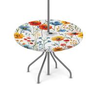 KNEMI Outdoor Round Tablecloth with Umbrella Hole, Colorful Flowers Patio Table Cover Fitted Tablecloth Waterproof Umbrella Table Cover for Party Picnic,Fit for 36"-44" Round Tables