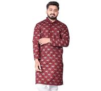 KNETLI Men's Ethnic Kurta Embroidered Indian Clothing Long Sleeve Cotton Tunic for Casual Outings Parties | Maroon Kurta 38 inches
