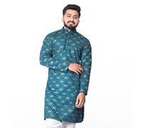 KNETLI Men's Ethnic Kurta Embroidered Indian Clothing Long Sleeve Cotton Tunic for Casual Outings Parties | Petrol Kurta 40 inches