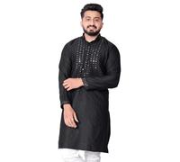 KNETLI Men's Kurta Indian Ethnic Wear Wedding Festive Jubba Sherwani Thobe Linen Attire for Summer Party Suit Black Kurta 34 Inches