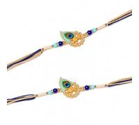 Knick Knack Peacock Feather Rakhi Set, Gold-Toned with Blue Beads, Crystal Pendant, Rhinestone Embellished