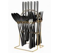 Knife and Fork Sets, 24 Pieces Cutlery Set with Holder, Gilded Silverware Set for 6 People - Includes Knives, Forks, Spoons - Dishwasher Safe, Easy to Clean (Black)