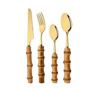 Knife and Fork Sets 4Pcs Home Bamboo Handle Dinnerware Cutlery Set Stainless Steel Tableware Steak Knives Fork Spoon for(Gold)