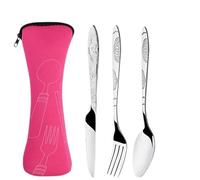 Knife and Fork Sets Stainless Steel Tableware Bag Washable with Zipper Cutlery Kit Case Portable Pouch for DinnerHousehold Tool Travel Camping Spoon(3 PCS Rose red)