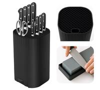 Knife Block Without Knives, Qoosea 4 in 1 Universal Square Knives Block with Scissors Slot Sharpening Rod Slot and Stone, Detachable Kitchen Knife Storage Holder for Easy Cleaning Space Saver-Black