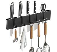 Knife Holder for Wall Mount-Knife Strips with Hooks Stainless Steel Wall Knife Rack-Knife Block-Knife Rack-Utensil Hanger-Kitchen Utensil Holder (Black, 30 CM+5 Hooks)