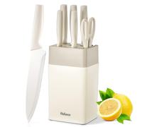 Knife Set, 7 Piece Kitchen Knives Set for Chef, Sharp Knife Set with Universal Plastic Knife Block, Anti-Rust Kitchen Knife Block Set with Built-in Sharpener