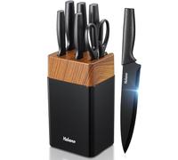 Knife Set, 7 Piece Kitchen Knives Set for Chef, Sharp Knife Set with Universal Plastic Knife Block, Anti-Rust Kitchen Knife Block Set with Built-in Sharpener (Black)