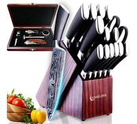 Knife Set Kitchen Knife Set with Knife Block, 15-Piece Professional Stainless Steel Damascus Set with Built-in Knife Sharpener and Wine Gift Box