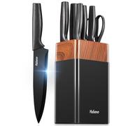 Knife Set, Yabano 7 Pieces Kitchen Knife Set with Universal Plastic Knife Block, Knife Block Set with Built-in Sharpener, Black Kitchen Knives for Chopping, Slicing, Dicing & Cutting