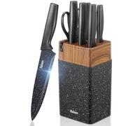 Knife Set, Yabano No Rust Kitchen Knives with PE Universal Knife Block 7 Pieces, High Grade Small Knife Block Set with Black Coating, Dishwasher Safe