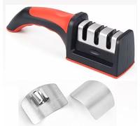 Knife Sharpener 3-Stage and Finger Guard Stainless Steel - Manual Sharpener for Kitchen Knives - Non-Slip Base, Ergonomic Handle - Practical, Safe and Easy to Use