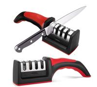 Knife Sharpeners for Kitchen Knives- Stainless Steel 4 in1 Kitchen Knife Sharpener - Ergonomic and Easy to Use Knife Sharpening Kit with 4 Stage Sharpening Slots Black