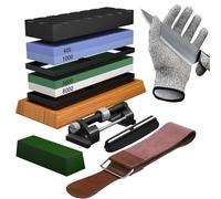Knife Sharpening Stone Set - Premium 4 Side Grit 400/1000 3000/8000 Whetstone Sharpener Kit - Non-Slip Bamboo Base,Cut Resistant Gloves, Angle Guide,Flatting Stone,Honing Guide,Leather Strop