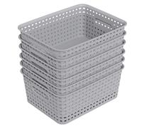 Knifefish 6-Pack Plastic Woven Baskets, Rectangular Rattan Basket | For Organizer Shelf, Cabinet, Desktop, Gray