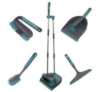 Knight All-in-one 5-Piece Household Cleaning Brush Set, Long Handle Dust Pan, Dustpan Brush, Window Squeegee, Dish Brush & Scrub Brush, Cleaning Solution For Floor, Bathroom, Home & Kitchen- Grey/Teal