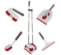 Knight All-in-one 5-Piece Household Cleaning Brush Set, Long Handle Dust Pan, Dustpan Brush, Window Squeegee, Dish Brush & Scrub Brush, Cleaning Solution For Floor, Bathroom, Home & Kitchen- Ivory/Red
