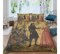 Knight And Blonde Lady Duvet Cover 3 Pieces 14th Century Illustration Style Pattern Printed Bedding Bed Linen Sets with Zipper Closure Soft Microfiber King（220x240cm）