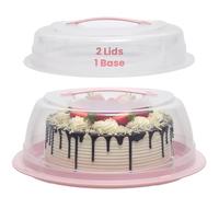 Knight Cake Carrier With Handle | 30cms Round Cake Box | One Base & Two Lids Suitable For Round Cakes and Cupcakes | Pink Base With 2 Transparent Lids | Secure Locking For Safety.