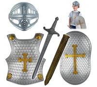 Knight Costume Kids 4Pcs/Set Cross Pattern Medieval Knight Armor Includes Helmet, Shield, Sword, and, Kids Dress Up Costumes for Role Play, Cosplay, Halloween, Medieval, Cos
