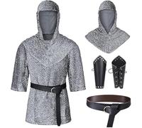 Knight Costume Set for Men Renaissance Faux Chain Mail Armor Tunic Shirt Coif Medieval Knight Cowl Crusader Costume Outfit Bracers Waist Belt Set (Silver, 3XL)