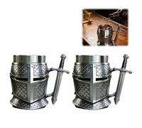 Knight Helmet Beer Mug with Sword Handle Medieval Warrior Tankard Cup for Coffee and Ale Stainless Steel Liner and Fish Scale Armor Design Unique Gift, for Men Dad Husband (2PCS)