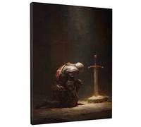 Knight Praying Wall Art, Dark Greyscale Medieval Armor Canvas Prints, Inspired Home Aesthetic Decor For Living Room, Bedroom, Office, Spiritual 16x20 Inch