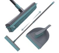 Knight Rubber Broom & Dustpan Rubber Brush Set, Telescopic Extendable Long Handle, Silicone Carpet Cleaning Broom & Brush, Broom With Squeegee For Pet Hair Removal & Floor Cleaning - Grey/Teal