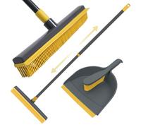 Knight Rubber Broom & Dustpan Rubber Brush Set, Telescopic Extendable Long Handle, Silicone Carpet Cleaning Broom & Brush, Broom With Squeegee For Pet Hair Removal & Floor Cleaning - Grey/Yellow.
