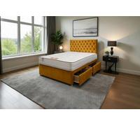 Knight Sleep Athens Mustard Plush 4Ft6 Bed Set With Mattress, 2 Drawers Same Side & 24"headboard - Double
