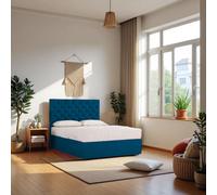 Knight Sleep Athens Plush Bed Set With Mattress, 2 Drawers Same Side & 24"Headboard in Navy | Size: Double Knight Sleep Navy Double