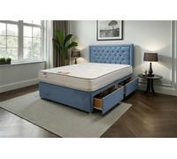 Knight Sleep Ellis Sky Blue Plush Bed Set With Mattress, 2 Drawers Same Side & 24"headboard 4Ft6 - Double