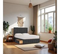 Knight Sleep Munic Black Plush 2Ft6 Bed Set With Mattress, 2 Drawers Same Side & 24"headboard - Small Single